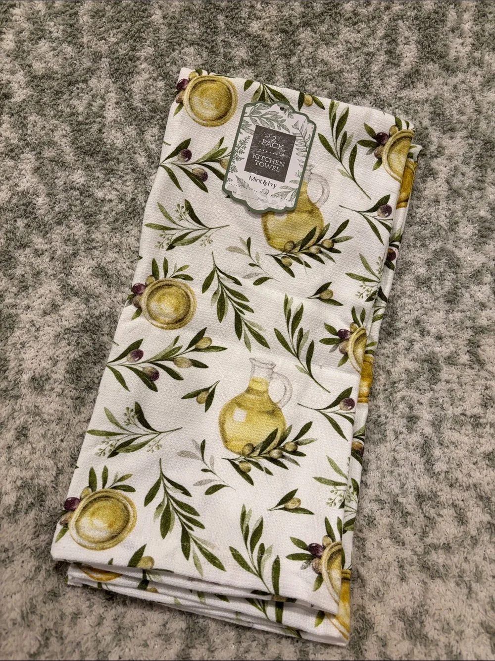 Mint & Ivy Tuscan Olives Olive Oil Botanical Kitchen Towels Set of 2 NWT Cotton